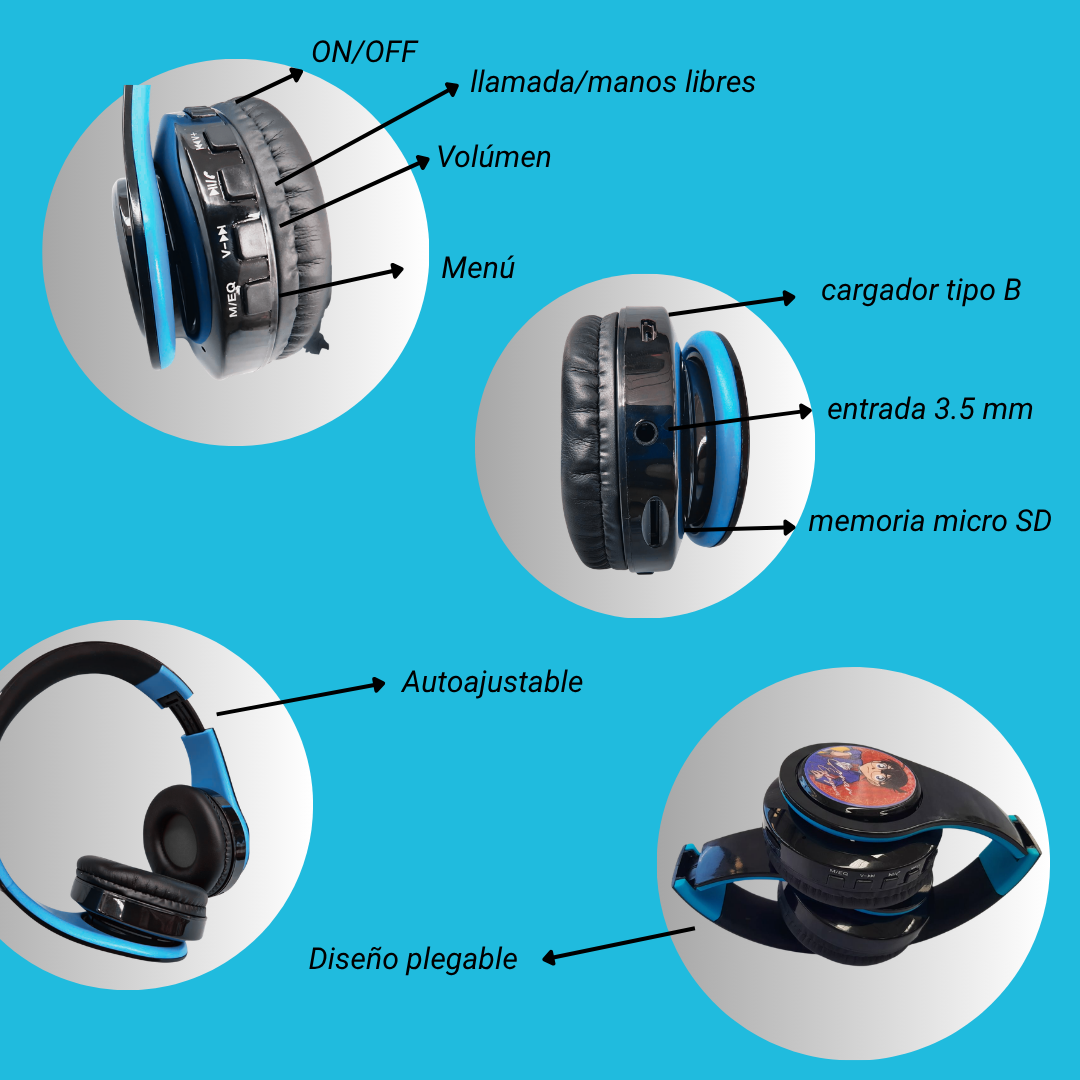 Auriculares inalámbricos acojinados color azul y negro - Imagen 4